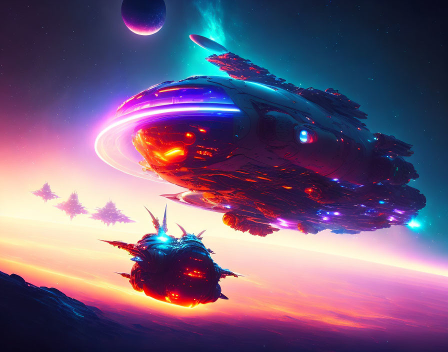 Large spaceship over alien landscape with giant planet and moon