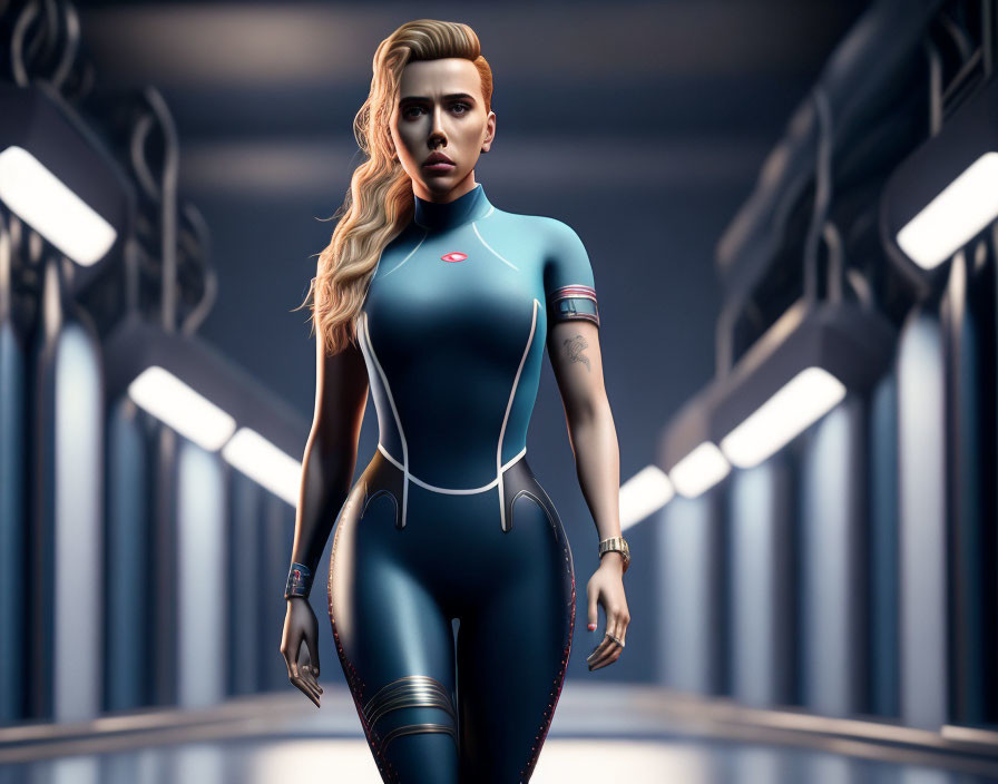 Blonde woman in futuristic blue bodysuit in sci-fi corridor