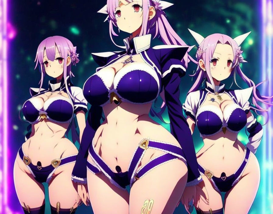 Anime-style Female Characters with Purple Hair in Black Outfits on Neon Background