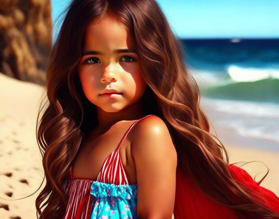 Young girl with long brown hair in red and blue dress on sandy beach with waves