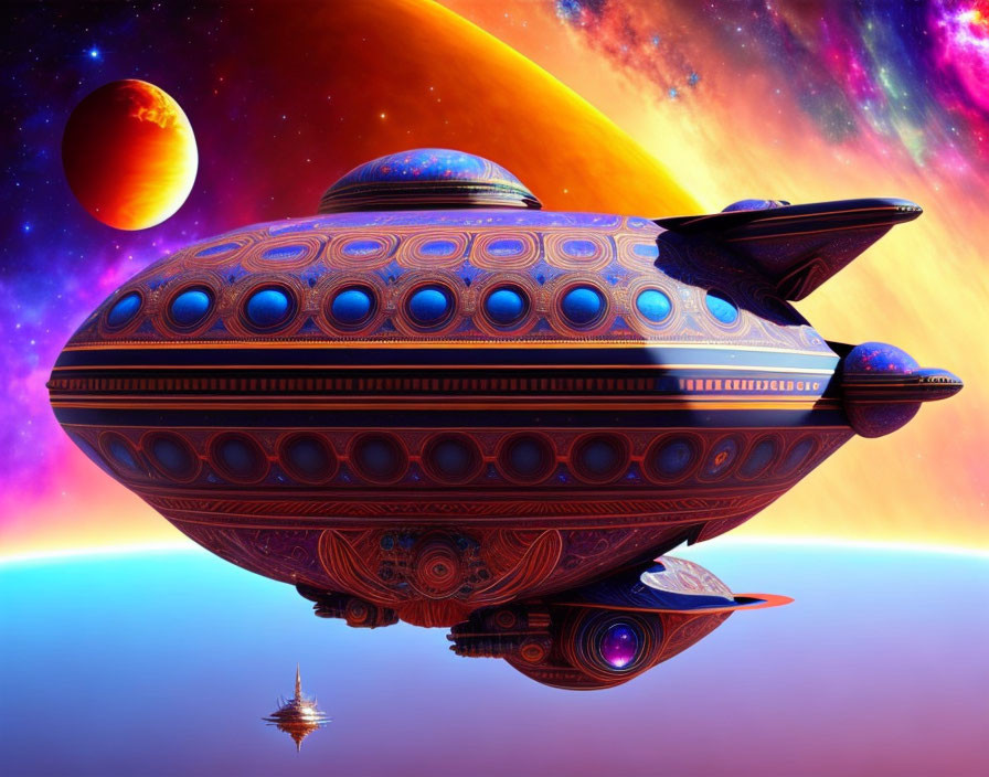 Detailed futuristic spaceship flying in cosmic backdrop.
