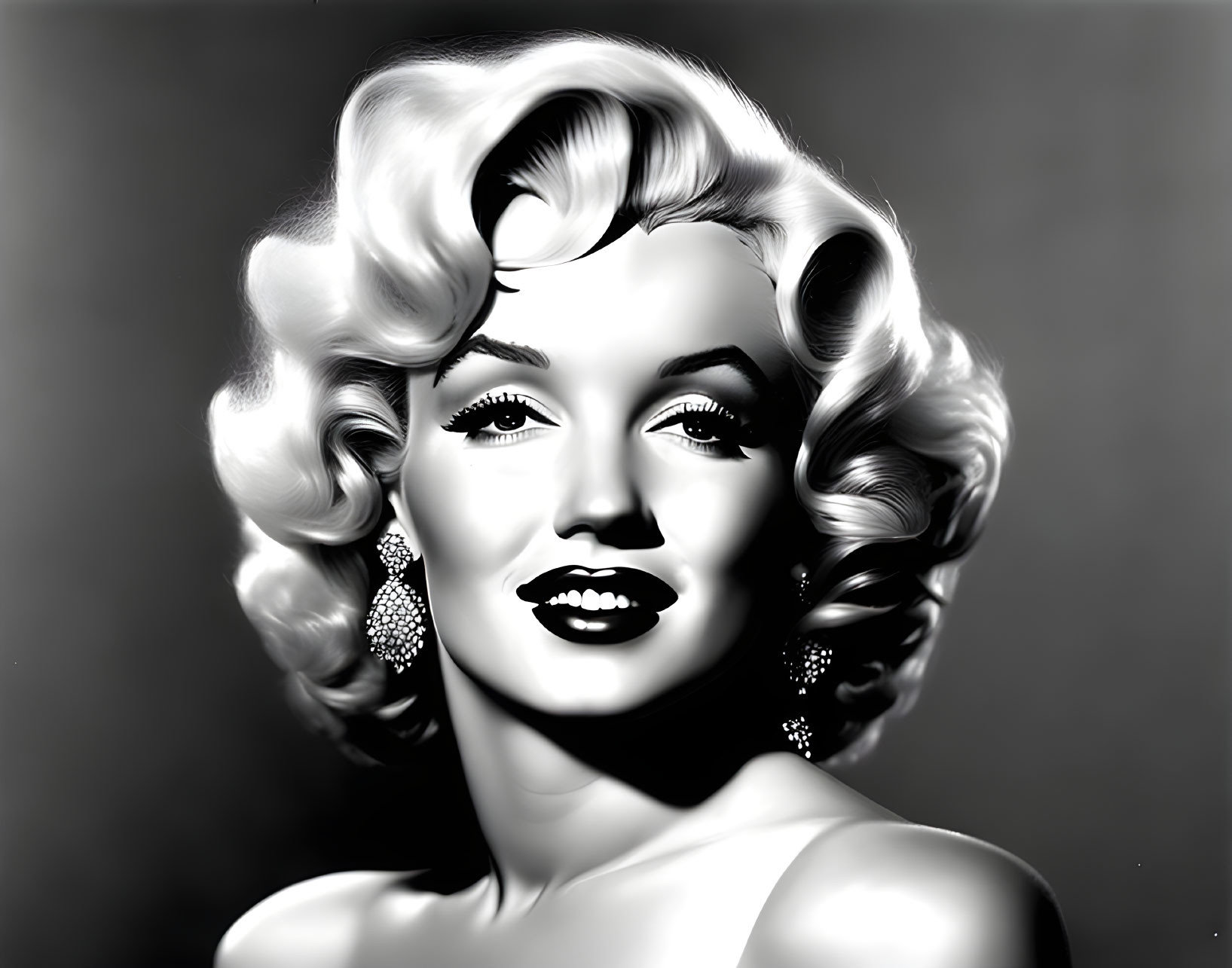 Monochrome portrait of woman with curly blonde hair and red lipstick