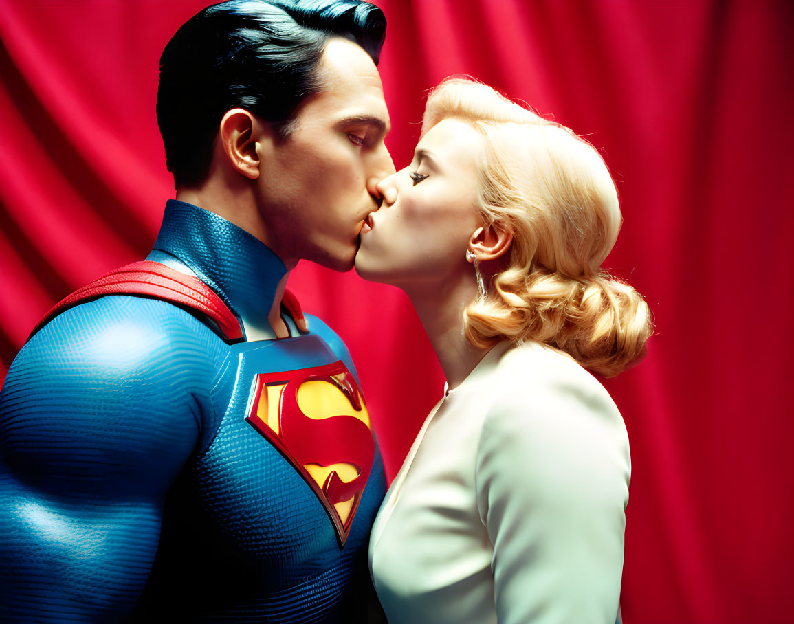 Superman cosplayer kissing blonde woman on red background