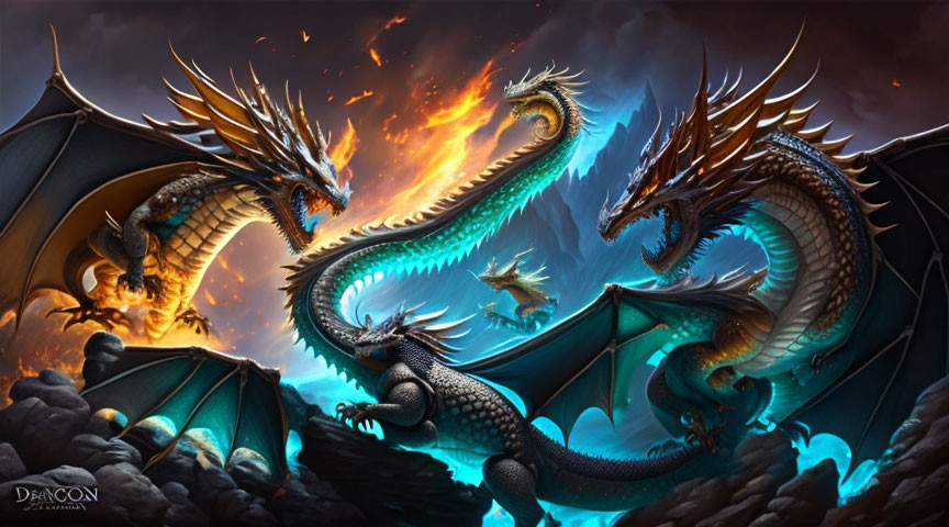 Majestic dragons in fiery and icy confrontation