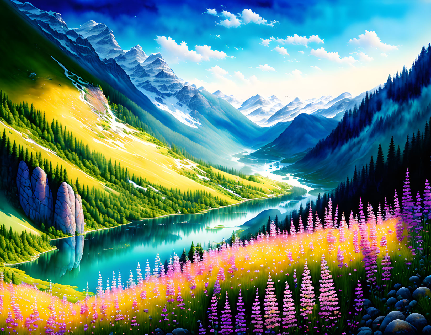 Scenic digital artwork of mountain valley with lake, greenery, lupine flowers.