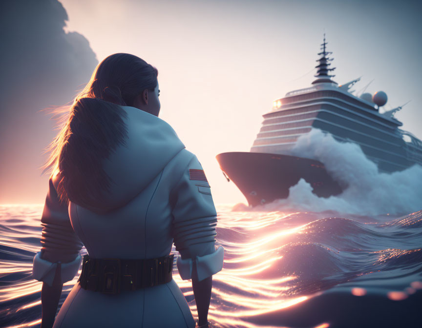 Futuristic figure gazes at ship on ocean at sunset