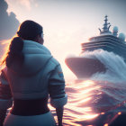 Futuristic figure gazes at ship on ocean at sunset