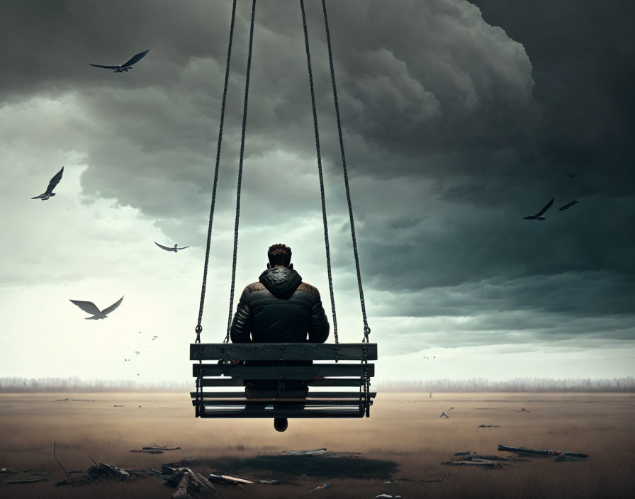 Person on swing in desolate landscape under stormy sky with flying birds