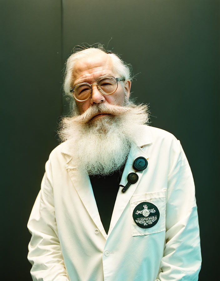 Elderly man with white beard, glasses, lab coat on black background