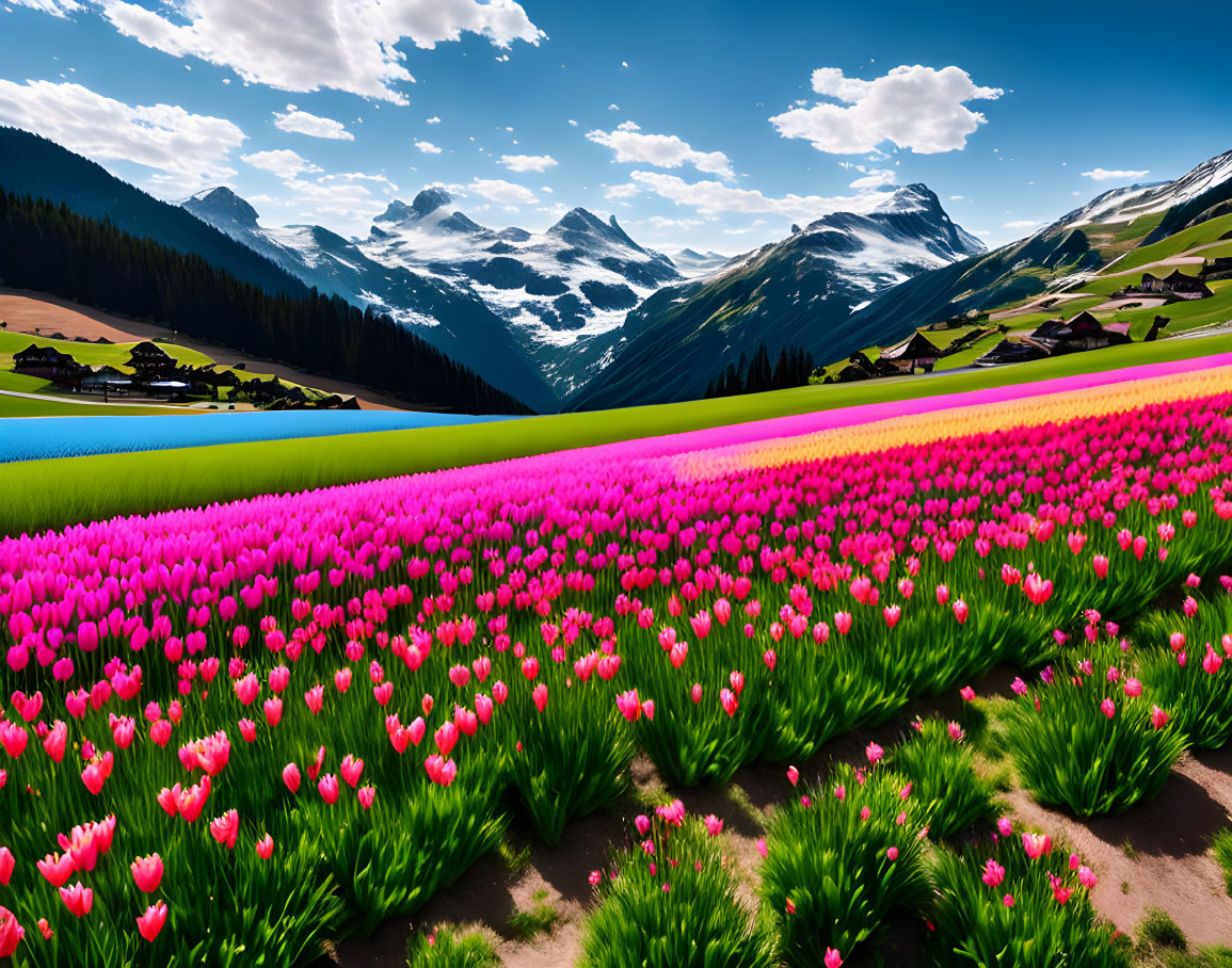 Colorful Tulip Field by Blue Lake and Snow-Capped Mountains