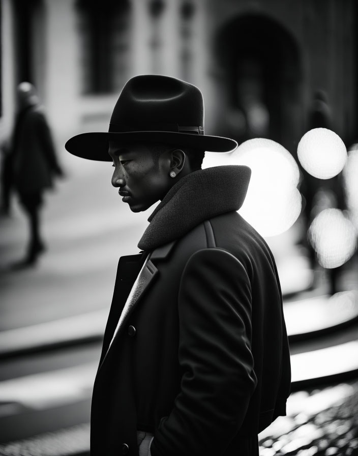 Monochrome photo of stylish person in hat and coat against city lights