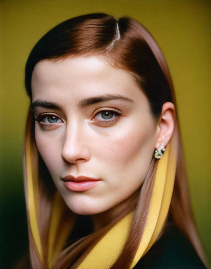 Portrait of woman with brown hair, yellow scarf, green eyes, earring on green background