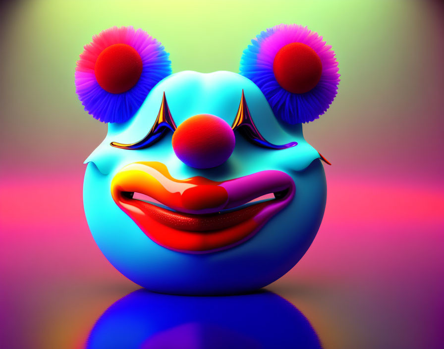 Vibrant 3D rendering of stylized clown face on gradient background