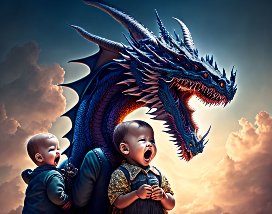 Illustration of multi-headed blue dragon with two babies in dramatic sky.