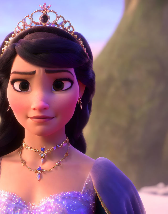 Animated princess in purple dress with tiara, mountain backdrop