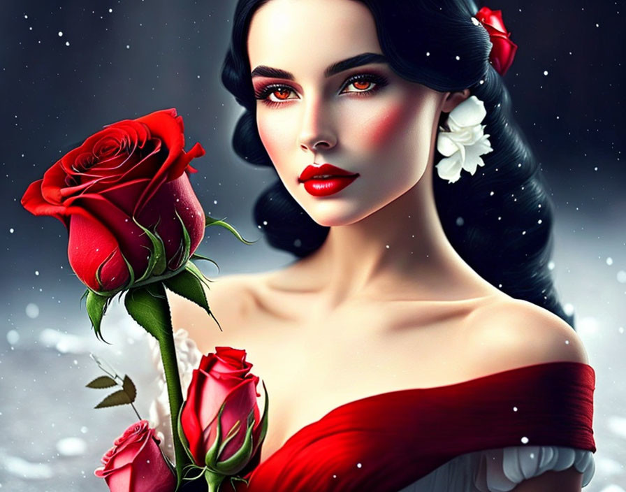 Stylized illustration of woman with dark hair holding red rose in red dress