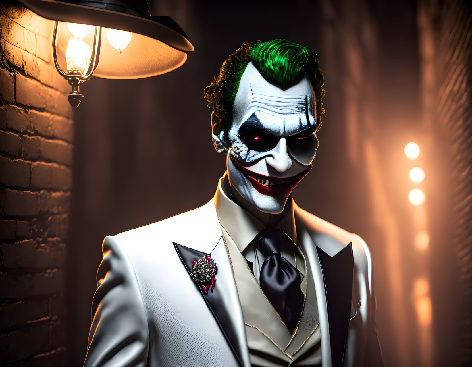 Clown-like figure in white suit under streetlamp in dark alley