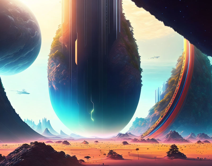 Futuristic sci-fi landscape with floating islands and celestial bodies