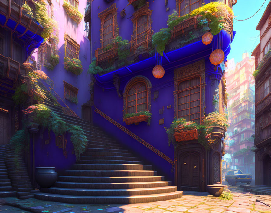 Whimsical purple-hued urban street with lanterns and staircase