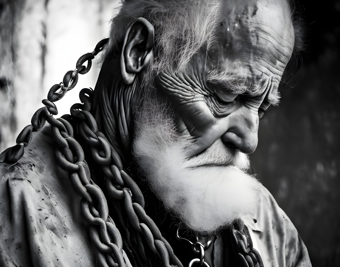 Monochrome portrait of elderly man with deep wrinkles and heavy chains