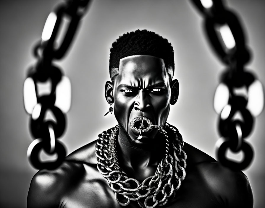 Monochrome portrait of person with serious expression and chain accessories