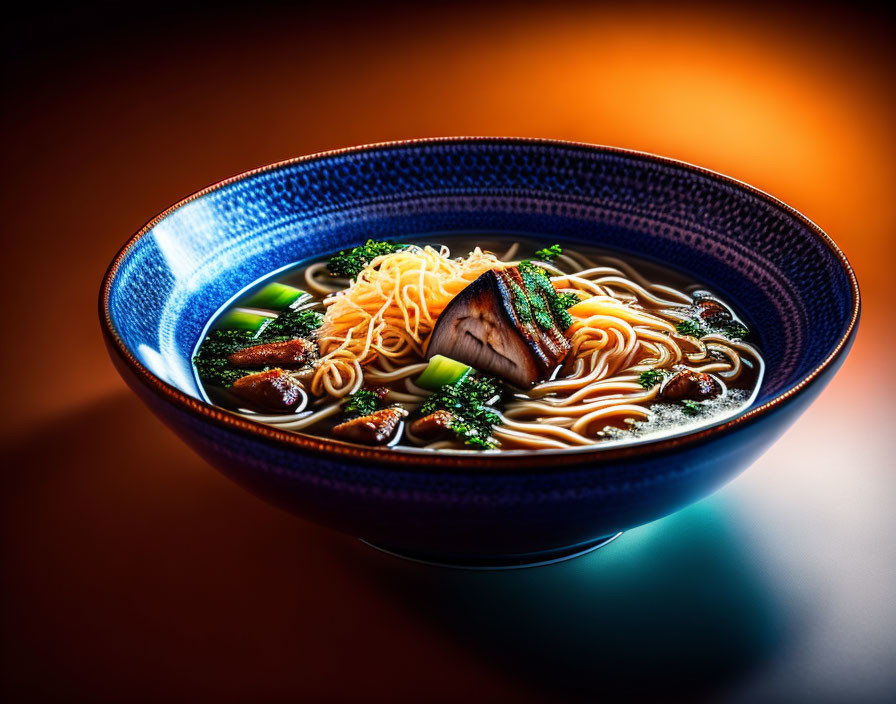 Colorful Ramen Bowl with Noodles, Greens, Mushrooms, and Grilled Meat on Warm