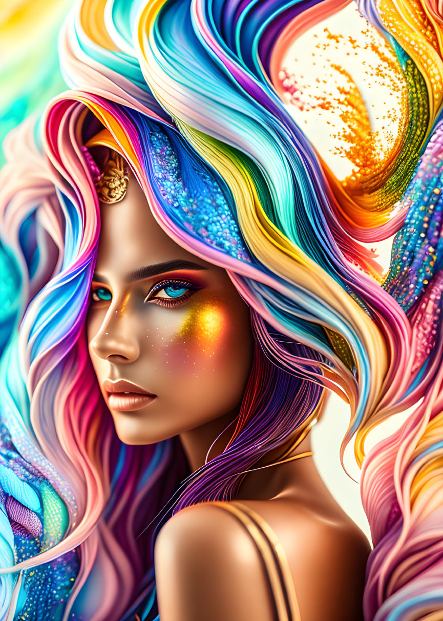 Colorful Digital Artwork: Woman with Flowing Hair and Glittering Makeup