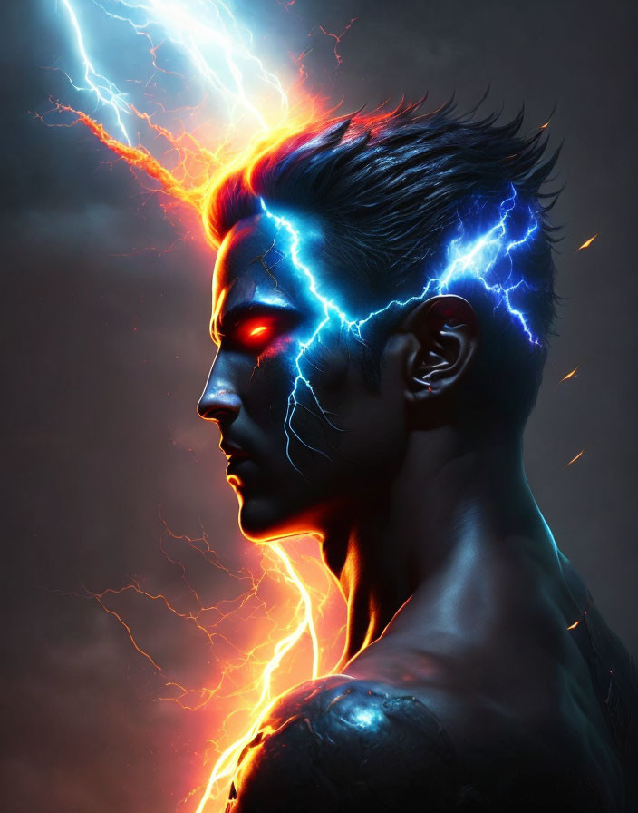 Male figure with lightning in stormy digital art