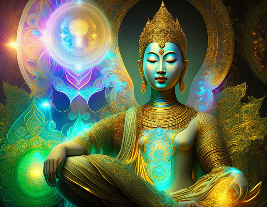 Vibrant digital artwork of meditative figure with Buddhist iconography