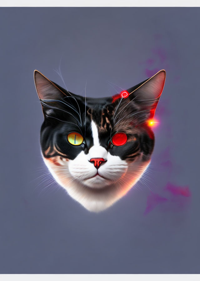 Colorful Cat Head Artwork with Red Markings on Purple Background