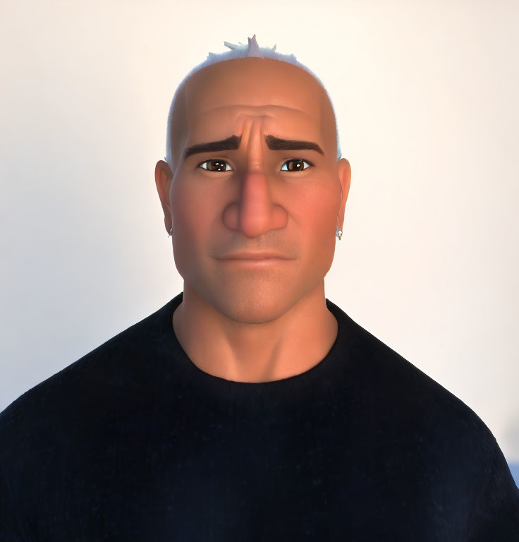 Bald 3D animated character in black shirt with concerned expression