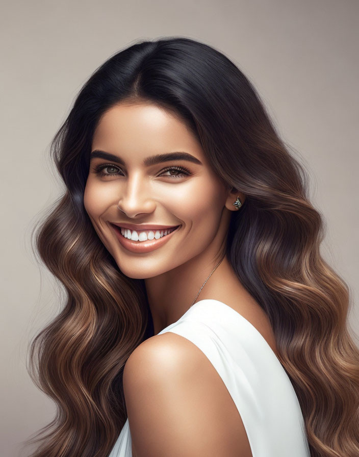 Smiling woman with wavy ombre hair and earrings in white top