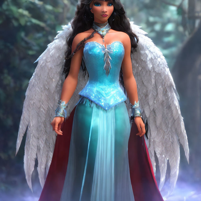 Fantasy female character with white wings in blue and red dress in enchanted forest