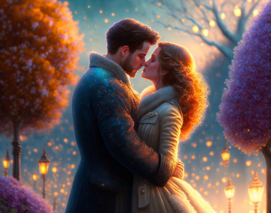 Romantic Couple Illustration in Twilight Setting