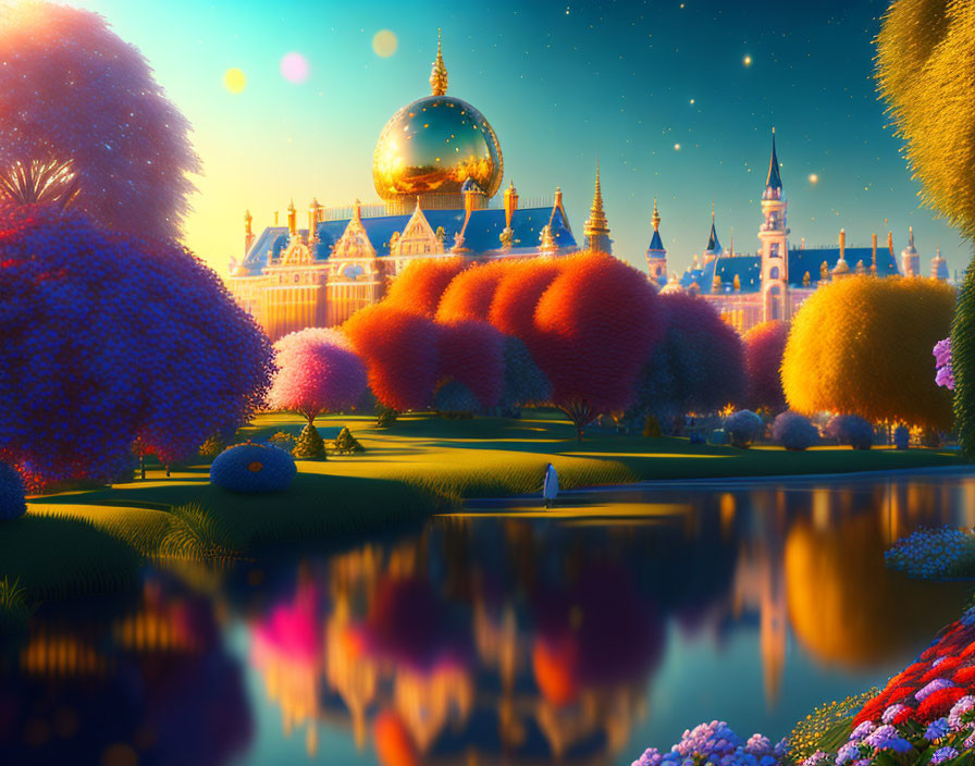 Vibrant garden with colorful trees, lake reflection, castle-like buildings, giant sphere, twilight sky