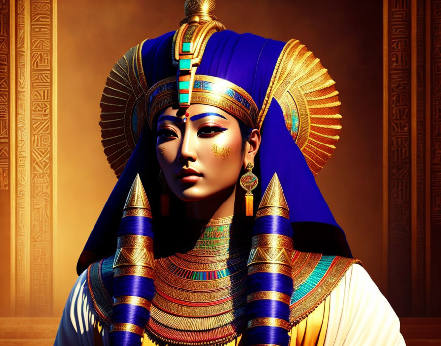 Ancient Egyptian figure with traditional headdress, jewelry, and makeup on hieroglyph backdrop