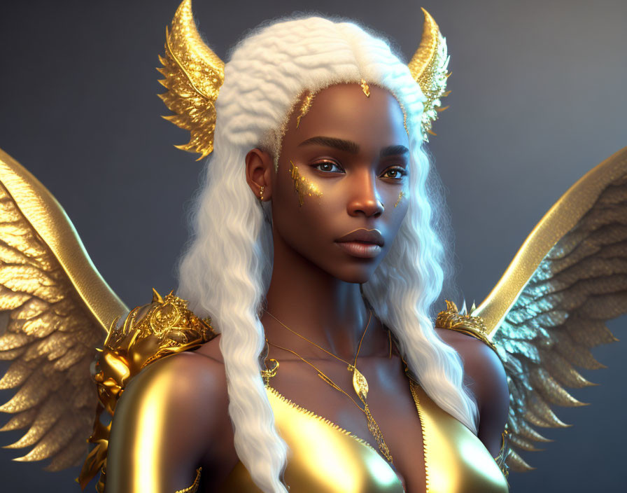 Fantasy illustration of woman with white hair, golden winged headpiece, armor, angelic wings