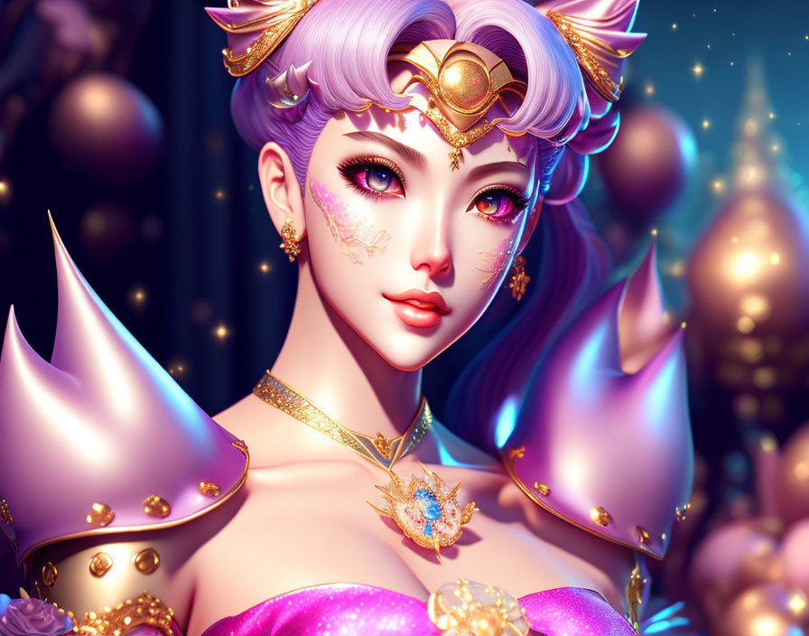 Purple-haired animated character in golden armor against dark bokeh background