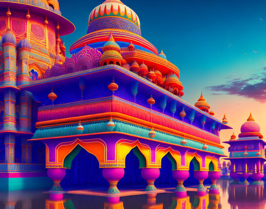 Detailed Illustration of Colorful Indian-Style Palace Reflecting in Water