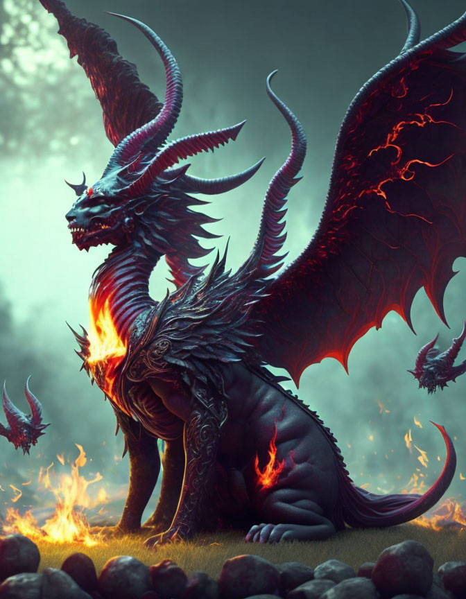 Majestic dragon with wings and fiery breath in flames and smoke