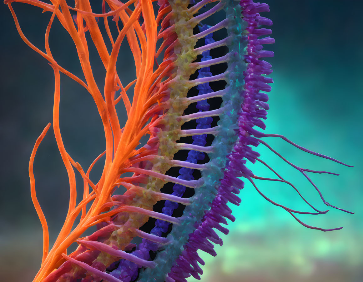 Colorful 3D double helix structure in orange and purple on blue background