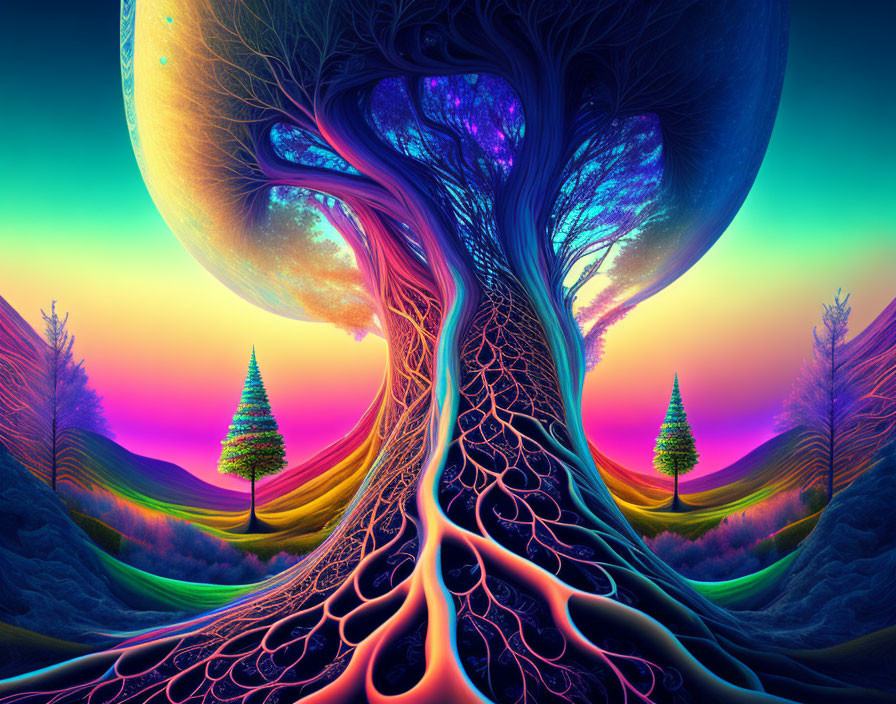 Colorful surreal tree digital art on alien landscape with moon