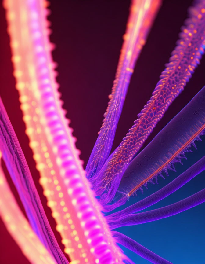 Vibrant close-up of glowing fibers in purple and orange hues on gradient backdrop