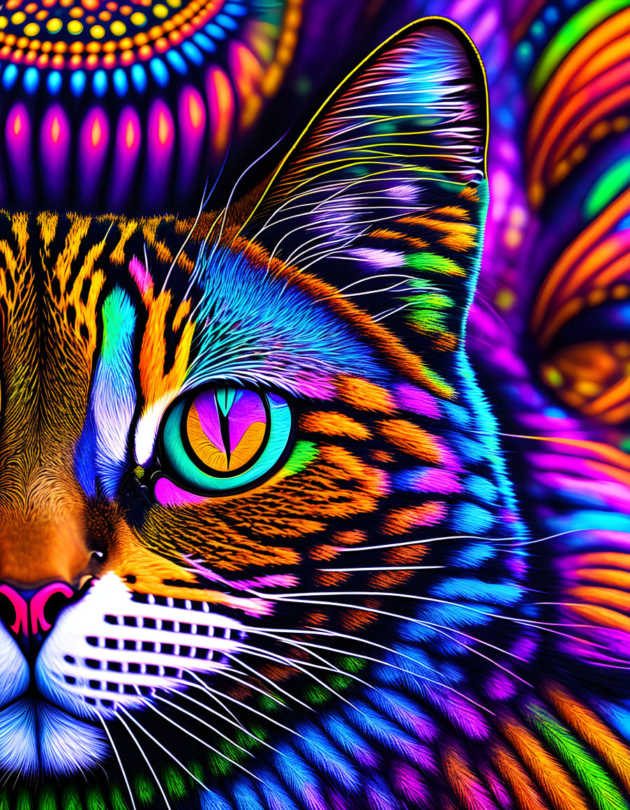 Colorful Digital Artwork Featuring Cat with Neon Patterns and Hypnotic Eye