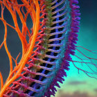 Colorful 3D double helix structure in orange and purple on blue background