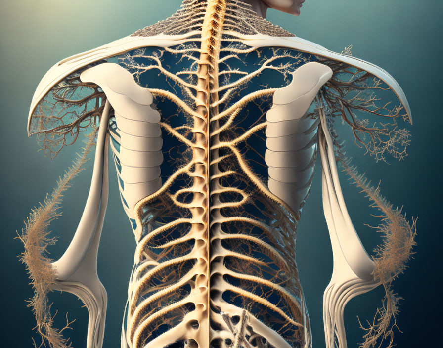 Detailed 3D Medical Illustration of Human Rib Cage, Nervous System, Spine,