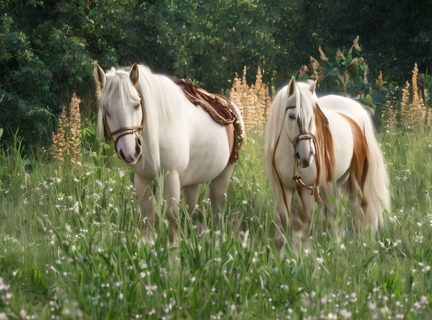 Two White Horses with Braided Manes in Serene Field