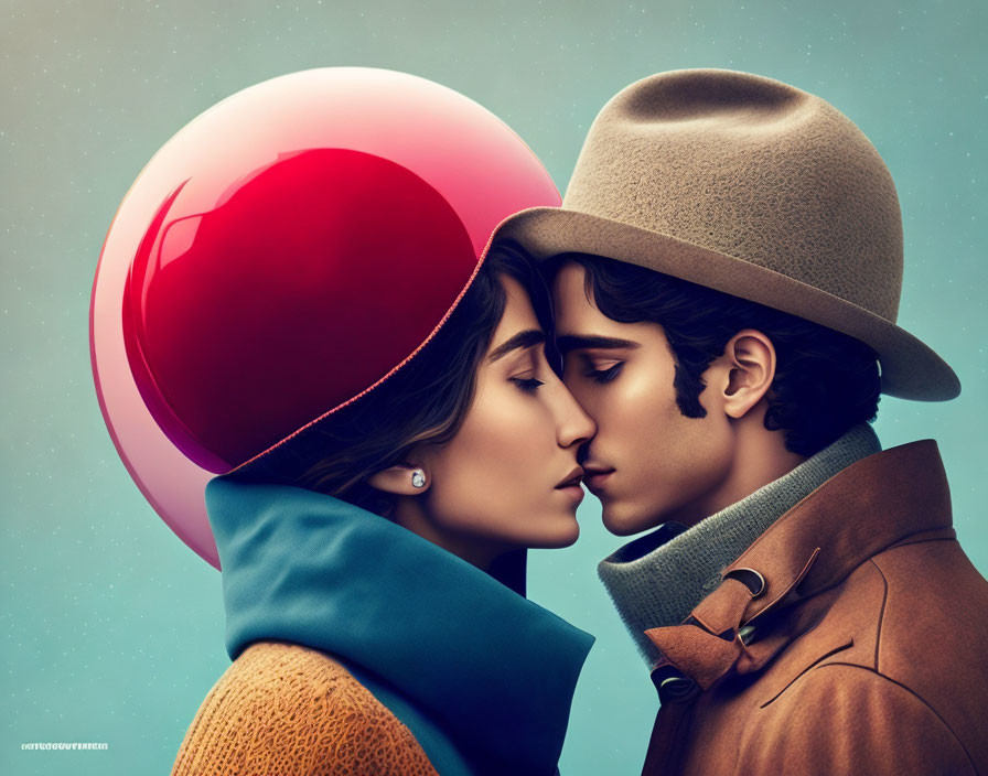 Stylized illustrated characters in hats touching foreheads on cool-toned background