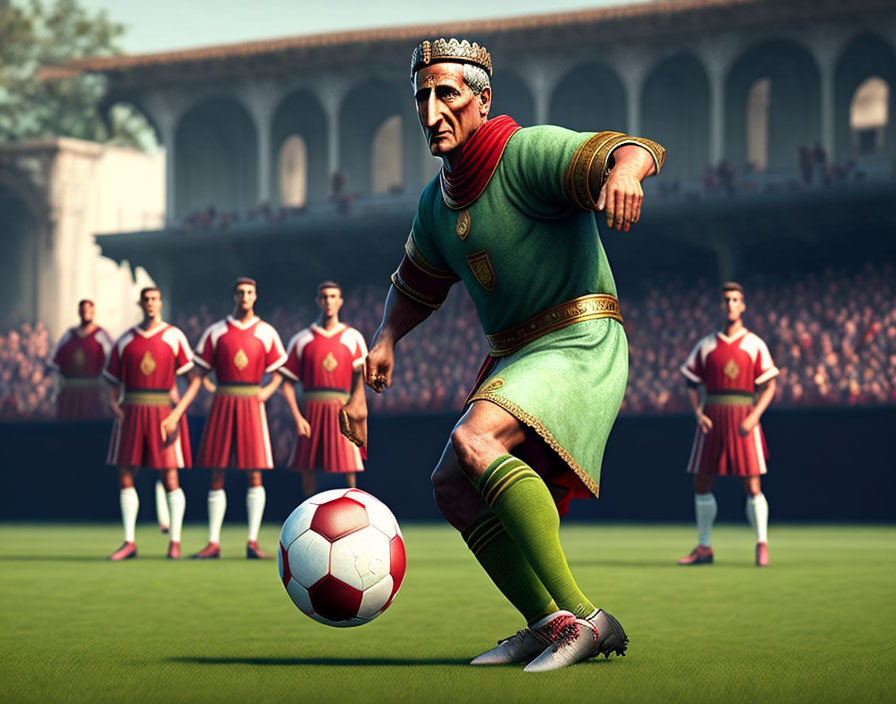 Digital illustration: Roman character playing soccer on historic pitch