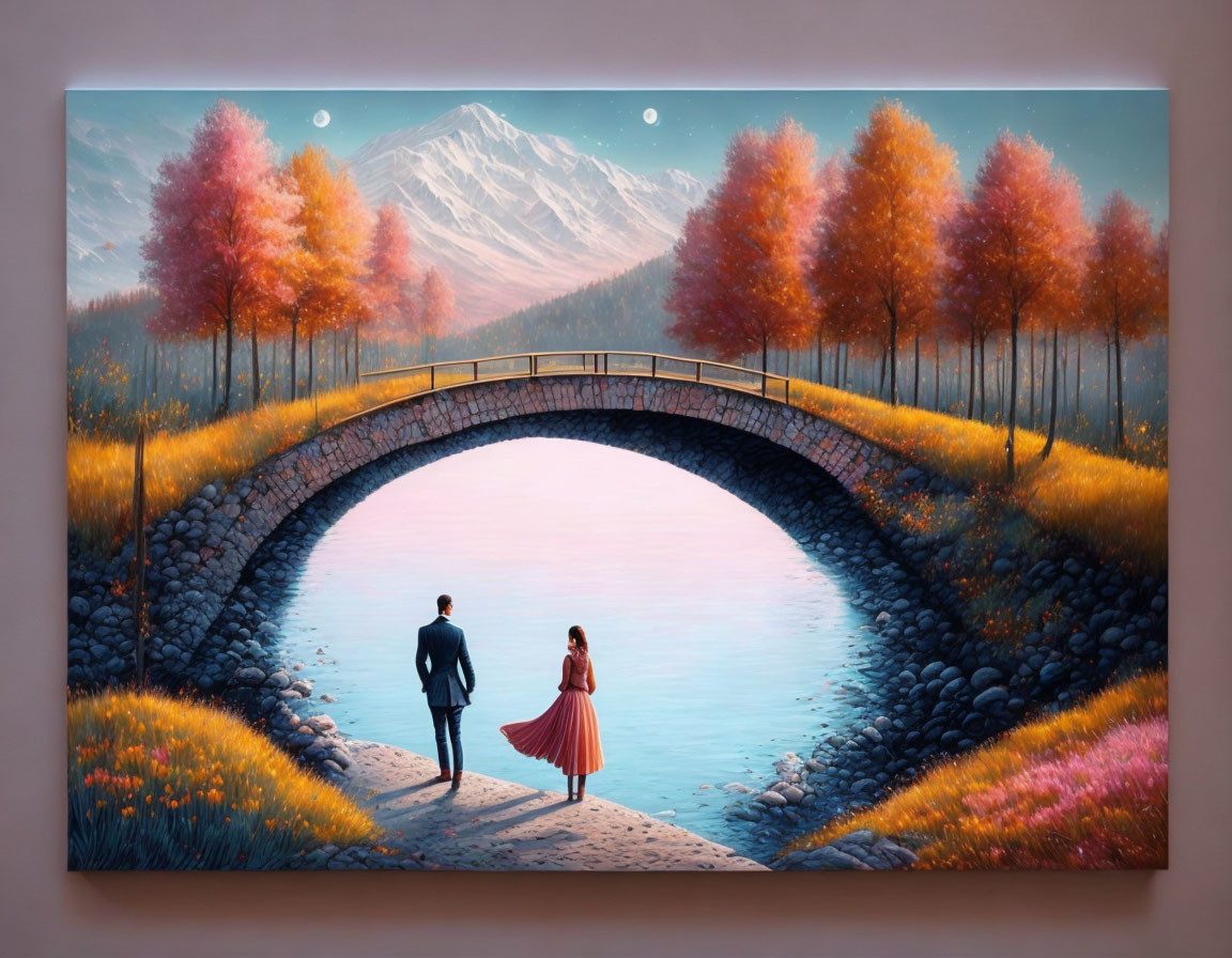 Couple Holding Hands by Stone Bridge in Autumn Forest